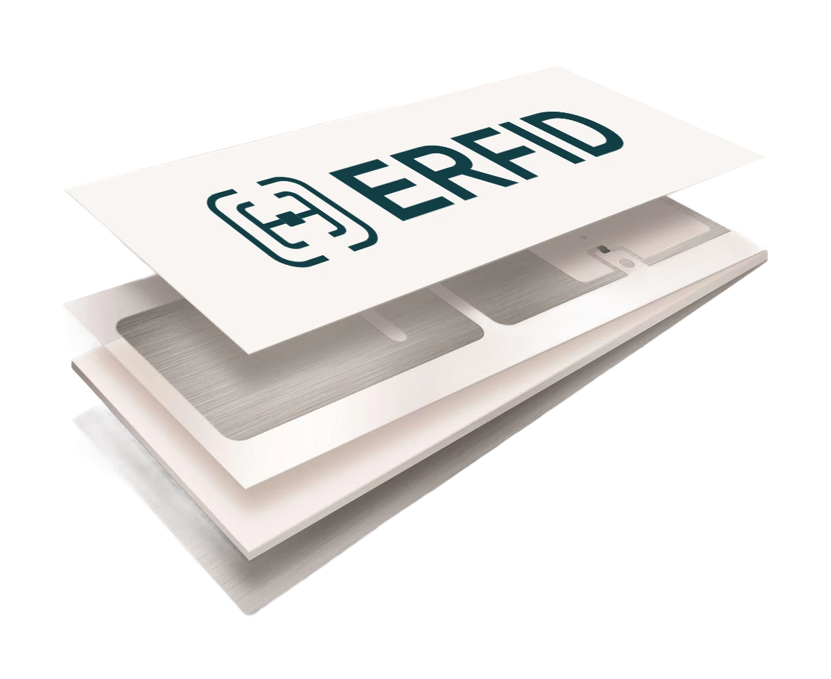 RFID etiketės sluoksnių iliustracija su ERFID logotipu, antena ir mikroschema